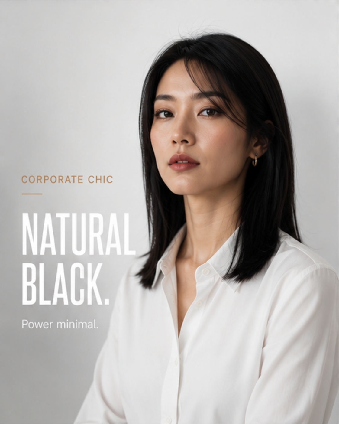 Natural black mid-length hair — Asian woman in white shirt, neutral studio