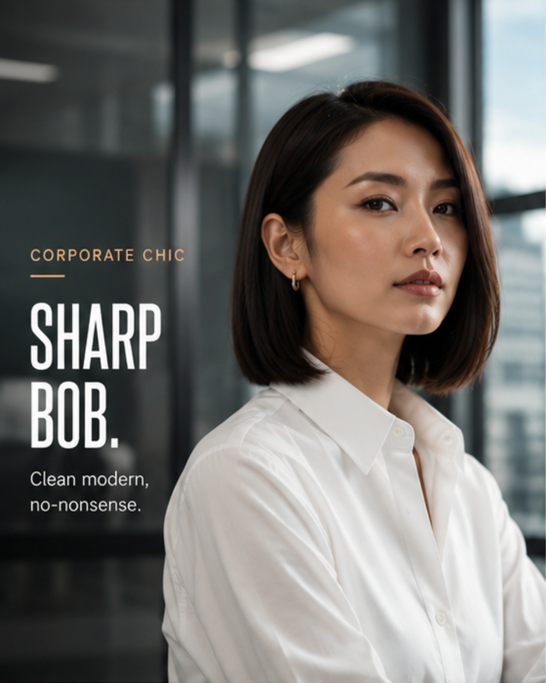 Sharp bob — Asian woman in white shirt, corporate skyline behind