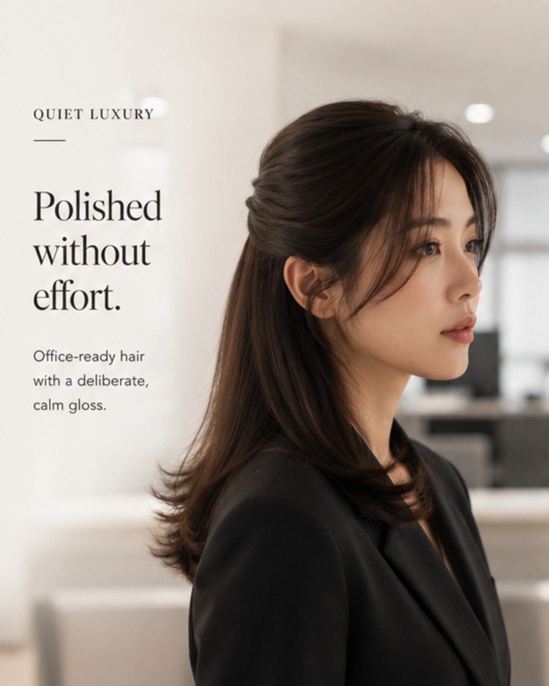 Half-back polished hair in office environment, Asian woman in blazer