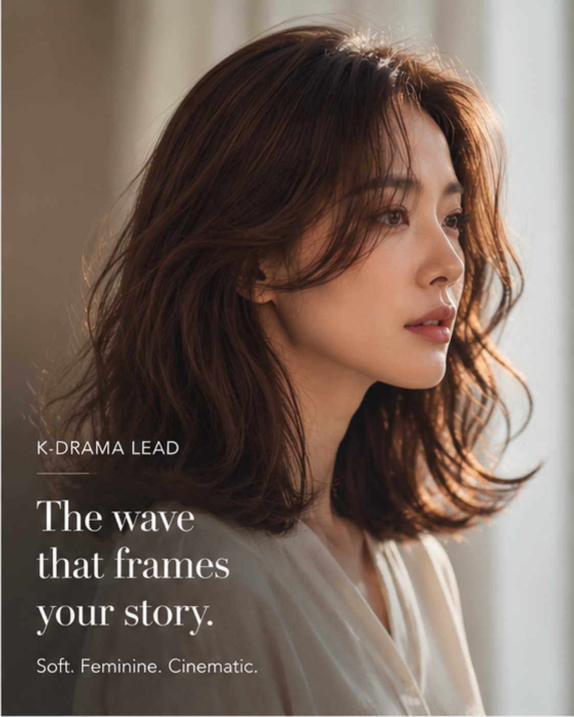 Mid-length Korean wave, face-framing layers in soft window light