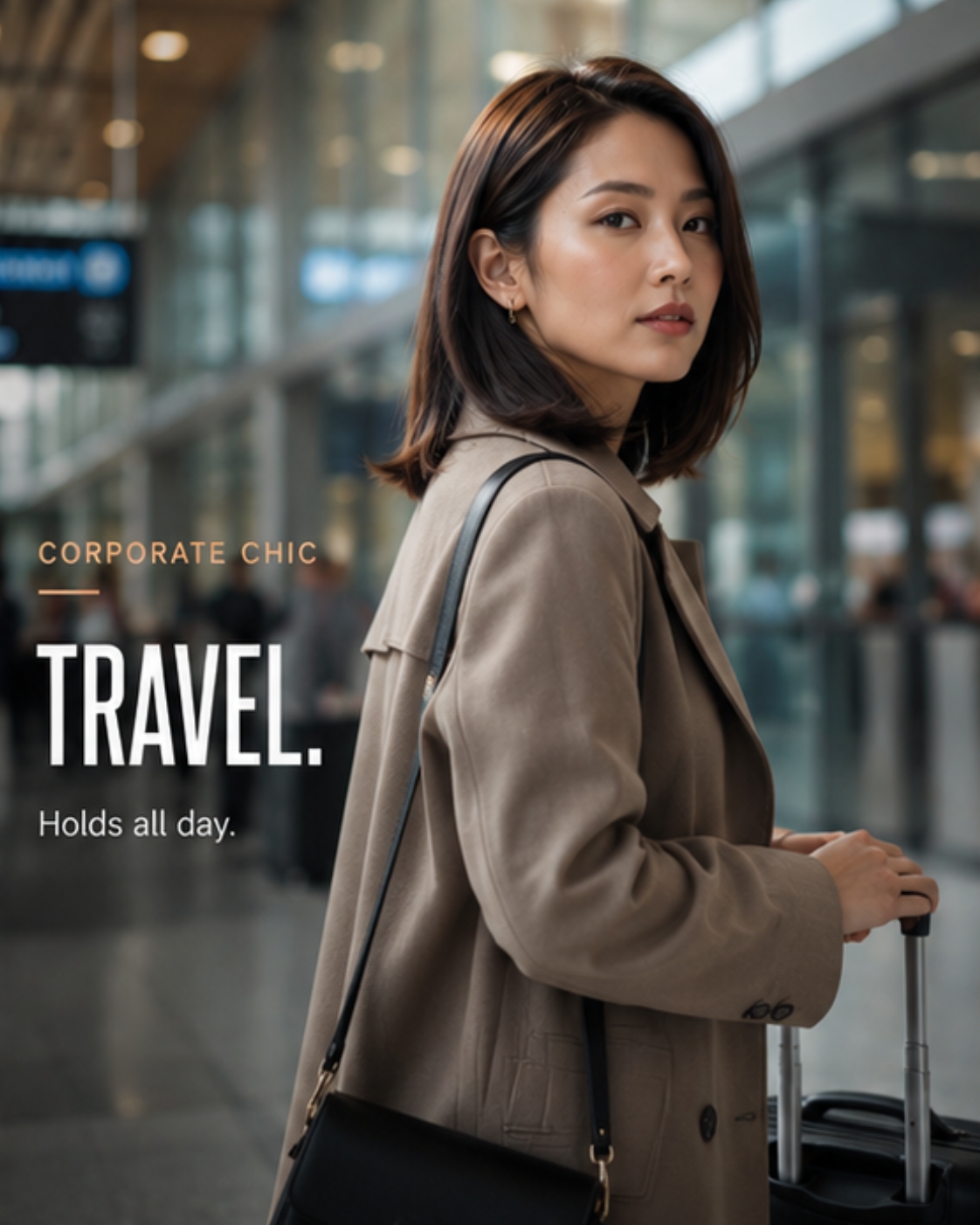 Asian woman with bob, trench coat, suitcase, modern airport terminal