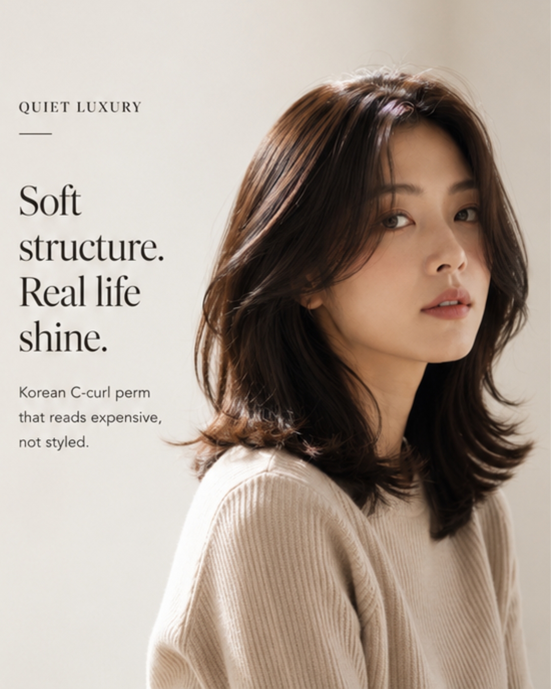 Soft C-curl perm with glass finish, Asian woman in cream knit