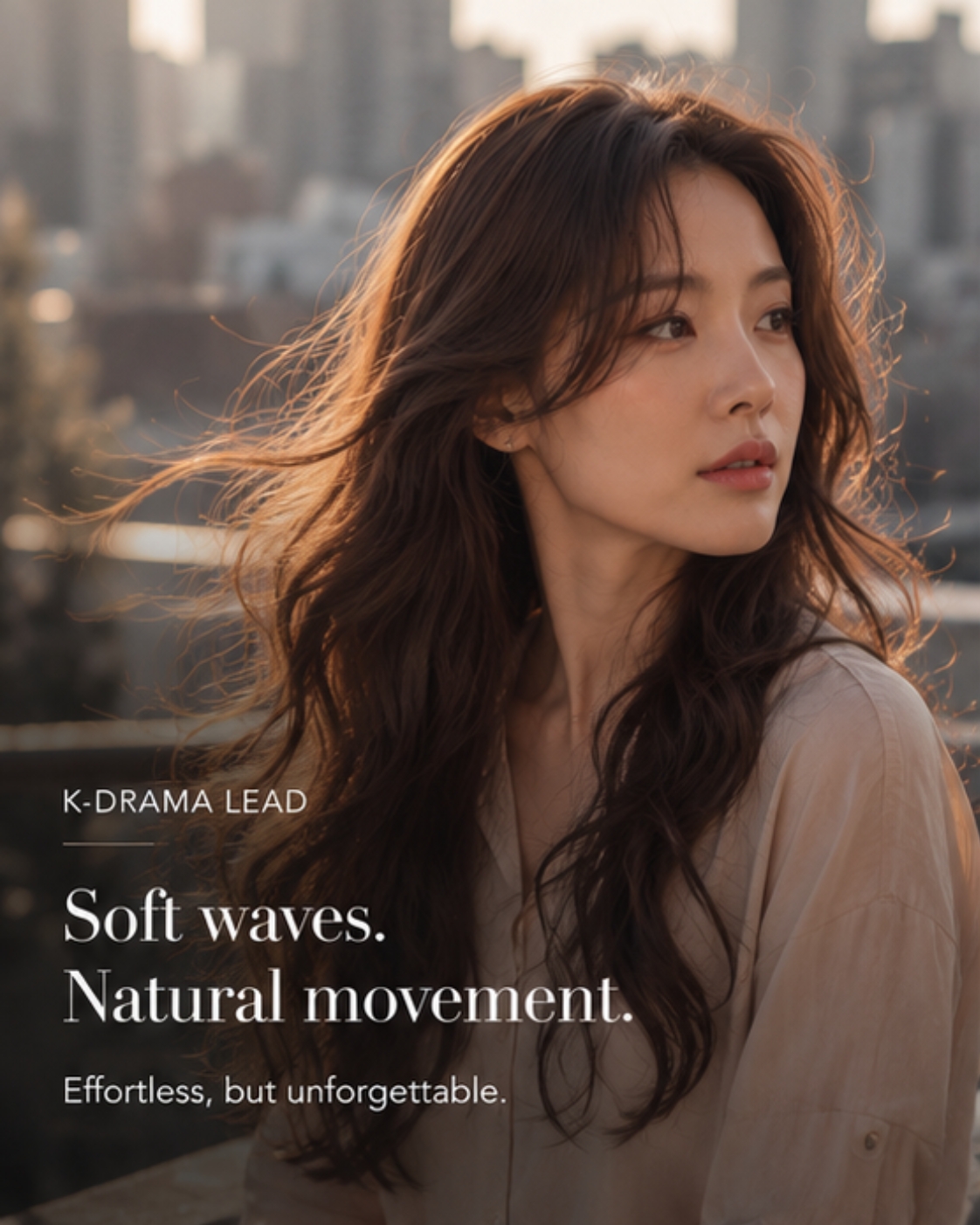Long soft Korean waves, golden hour, city rooftop