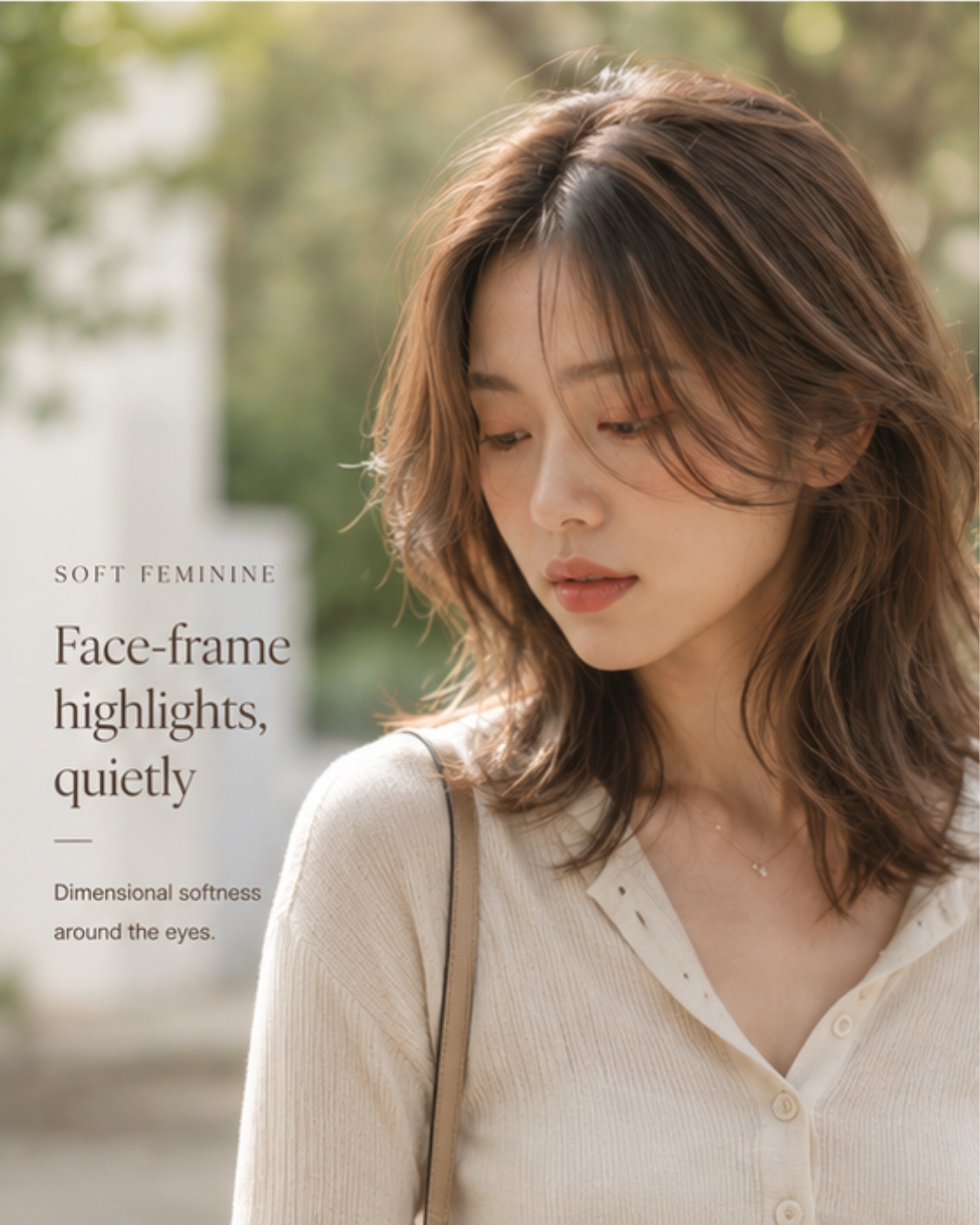 Asian woman with warm beige face-frame highlights, outdoor soft daylight