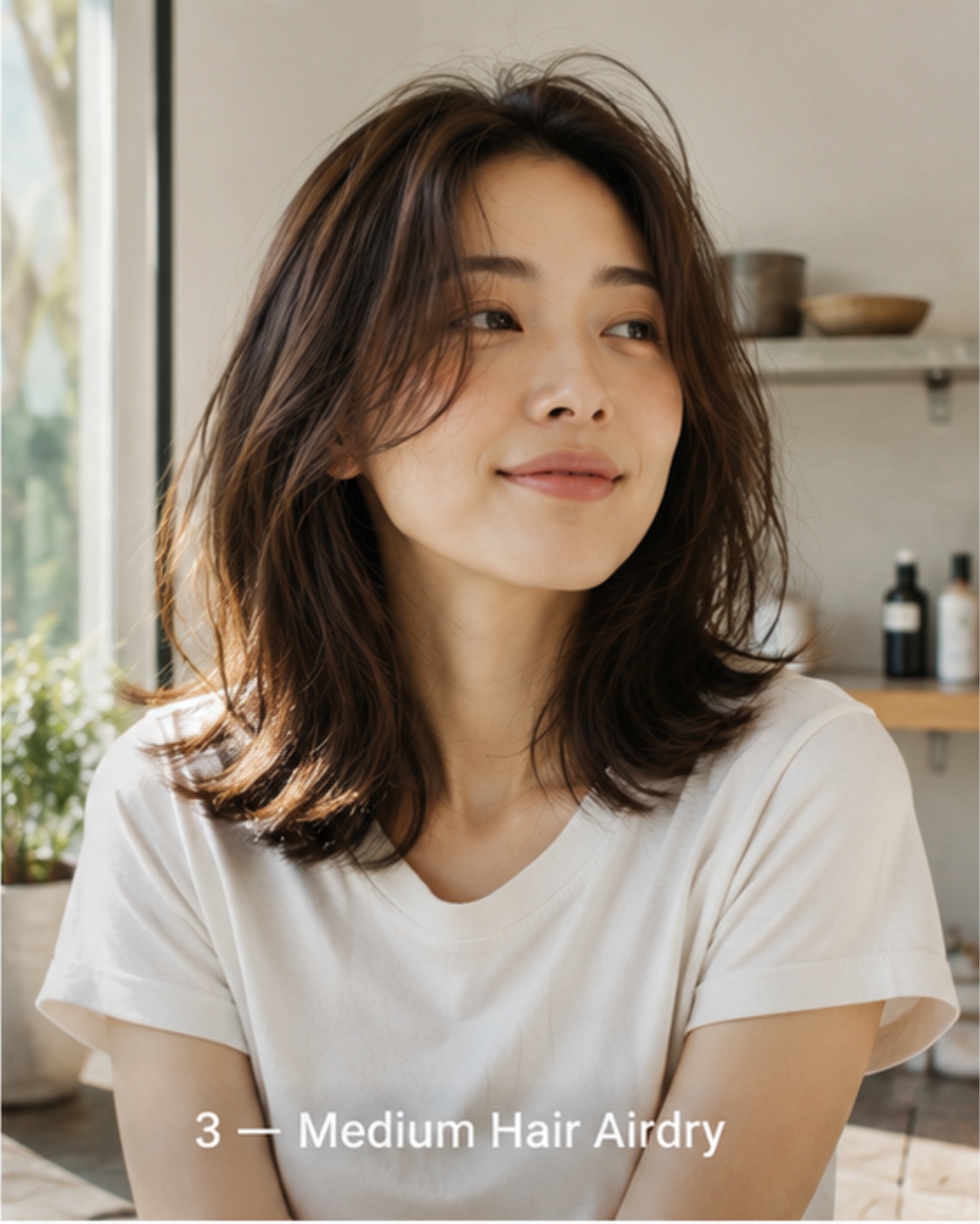 Medium Hair Airdry — shoulder-length wavy airdry on Asian woman