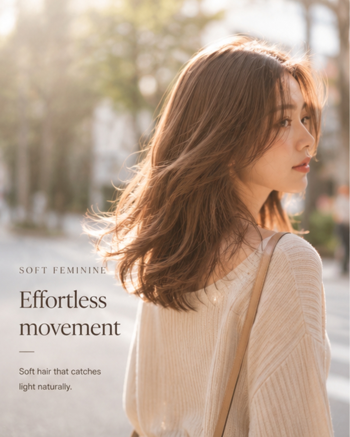 Asian woman with soft feminine hair in golden hour street light, hair catching warm light