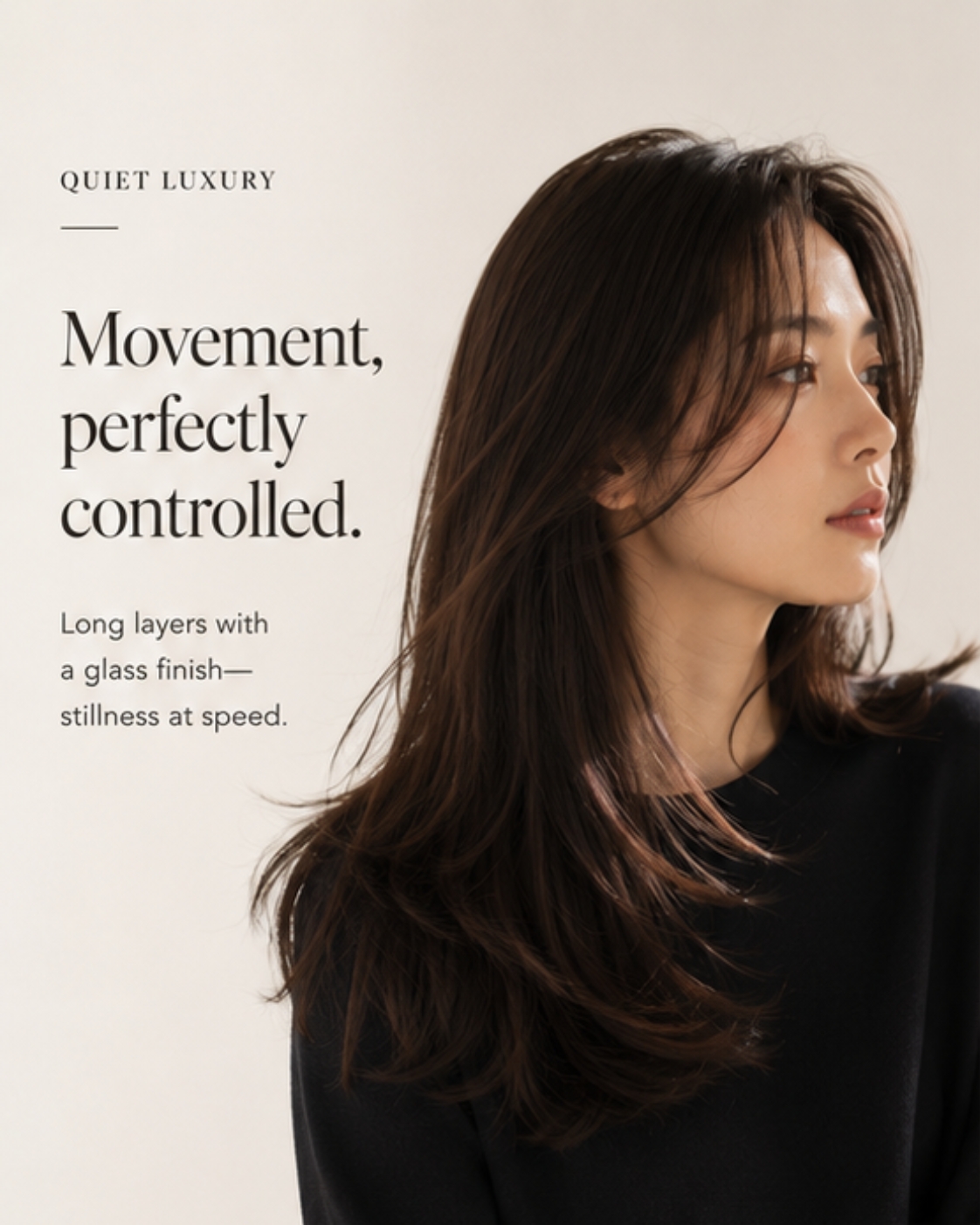 Long layered glass-finish brown hair, Asian woman in black sweater
