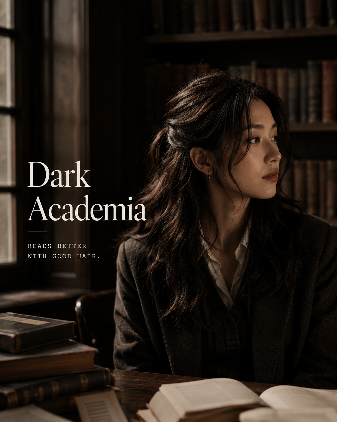 Dark Academia — Asian woman with rich dark brown half-up, wool coat, library light, romantic editorial