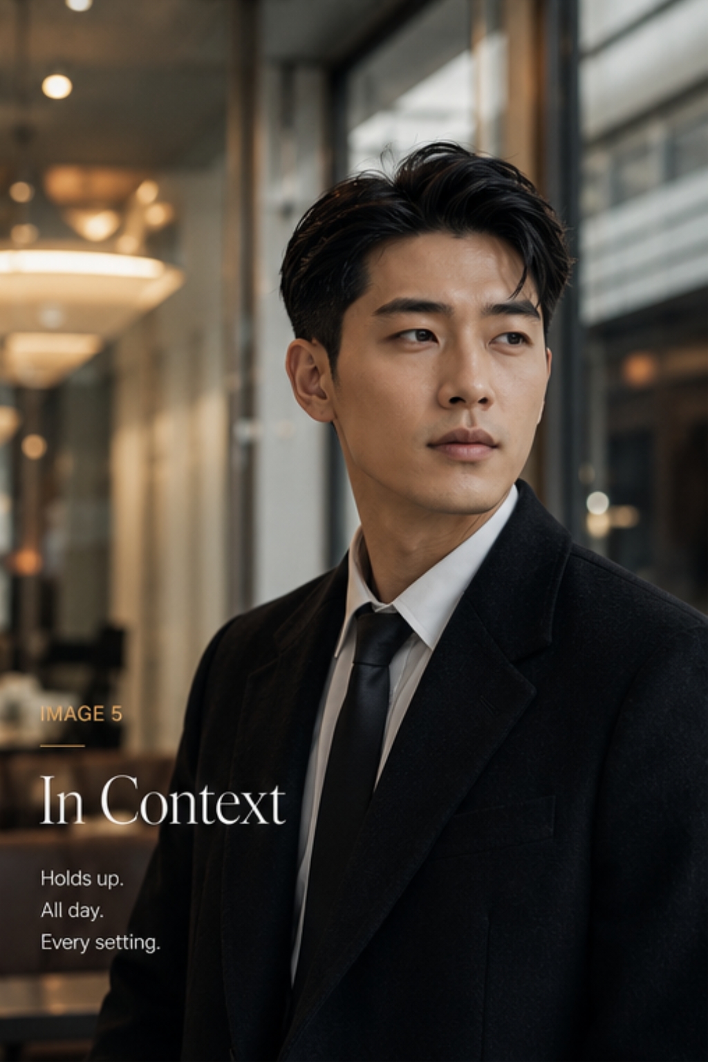 In context — Asian man in dark coat, two-block holding shape end of day