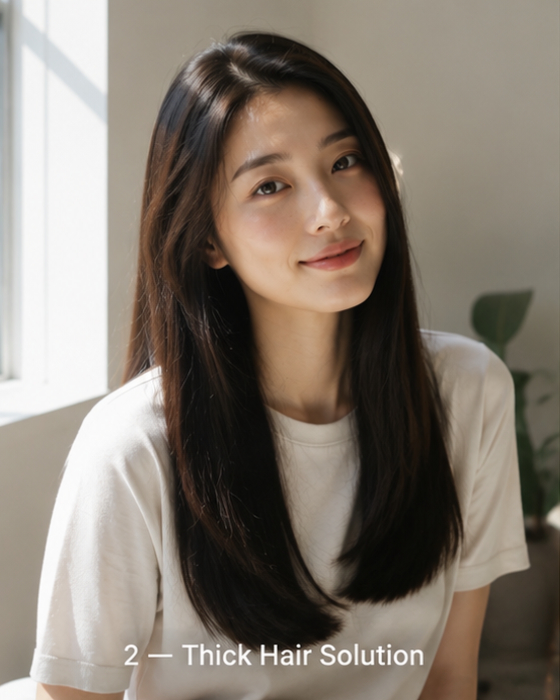 Thick Hair Solution — long airdried Asian hair, soft window light