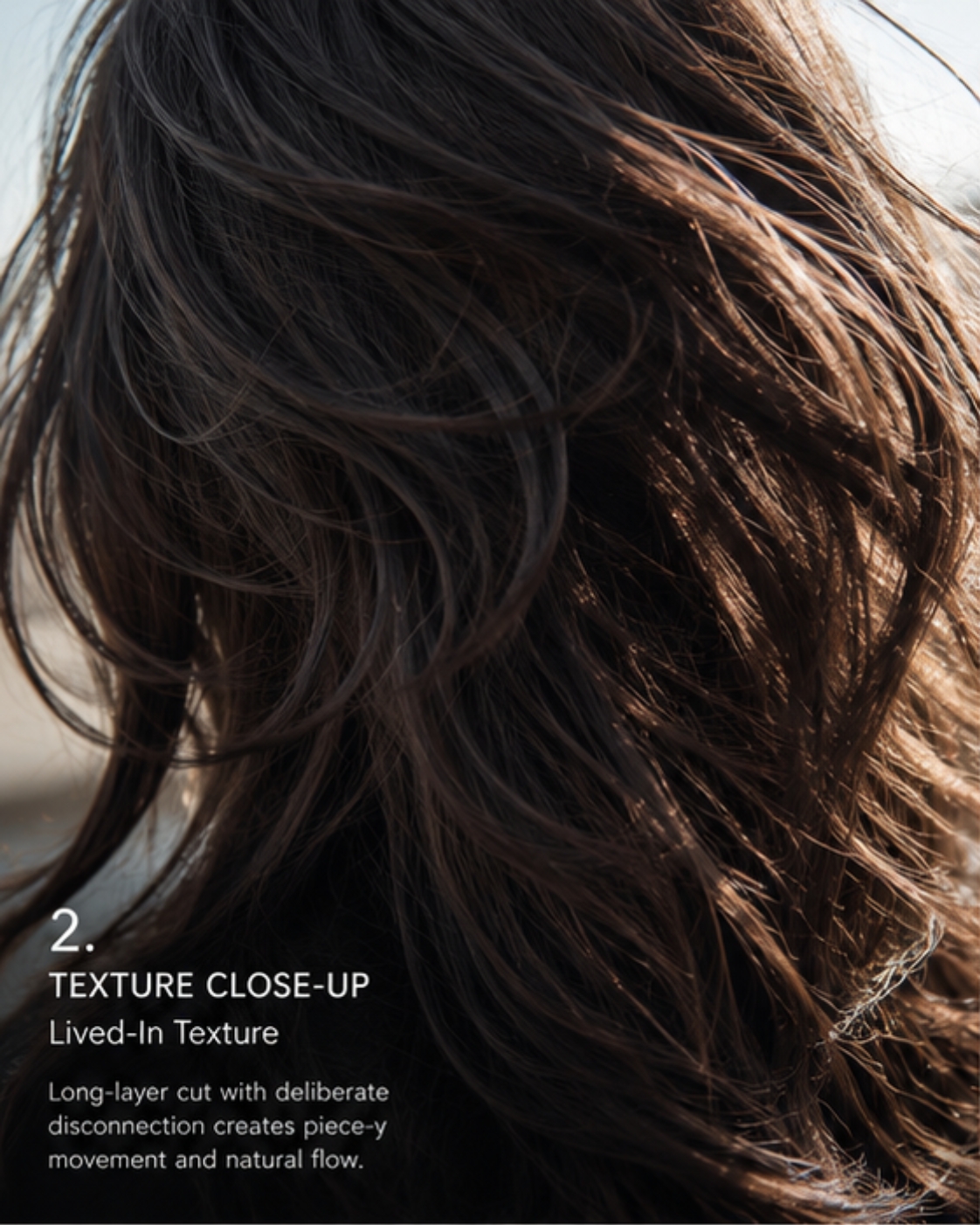 Close-up of warm brown hair with piece-y lived-in texture and natural movement