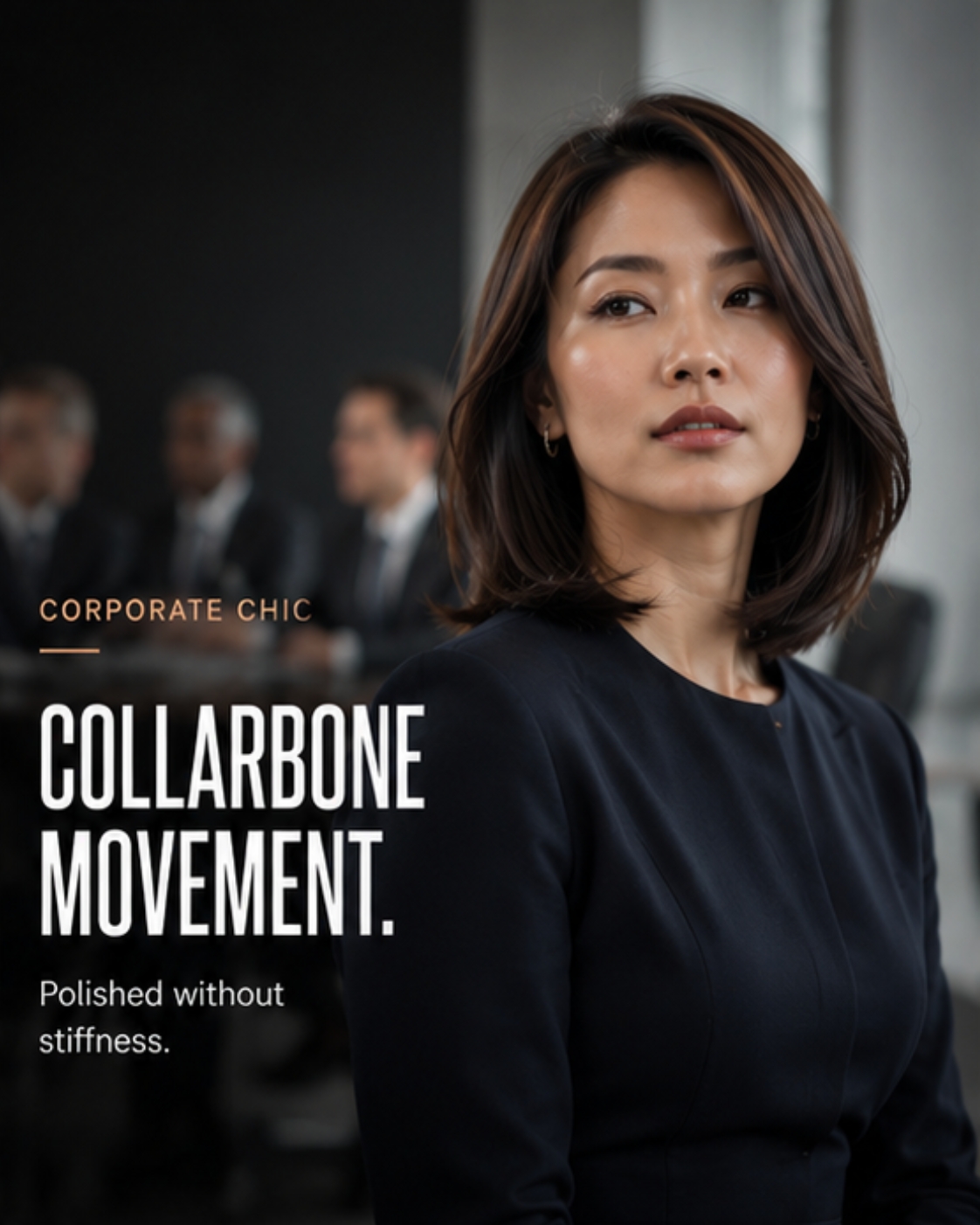 Collarbone-length layered bob — Asian woman, navy dress, boardroom