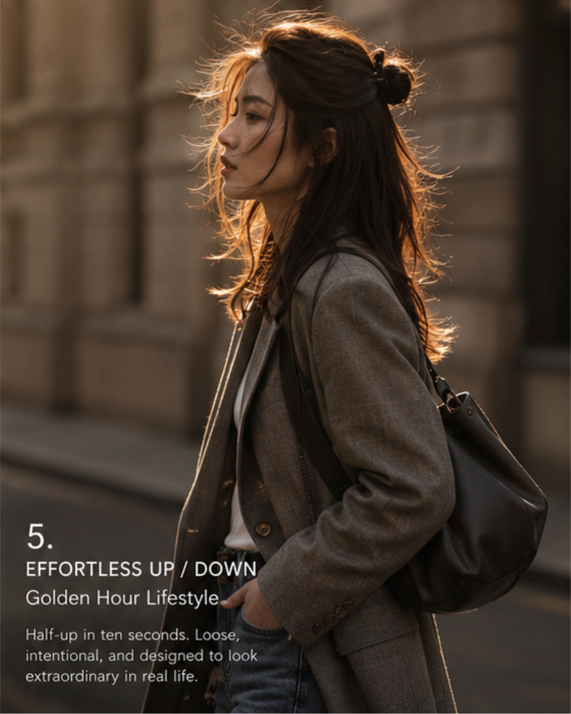Asian woman in tailored coat with effortless half-up bun caught in golden hour street light