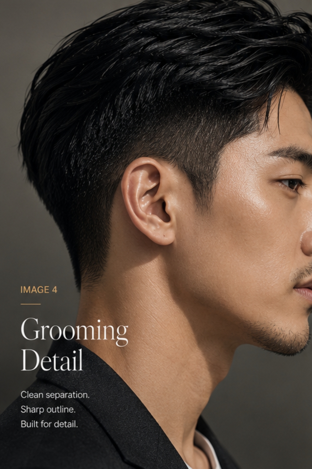 Grooming detail — clean separation between top and sides on Asian two-block