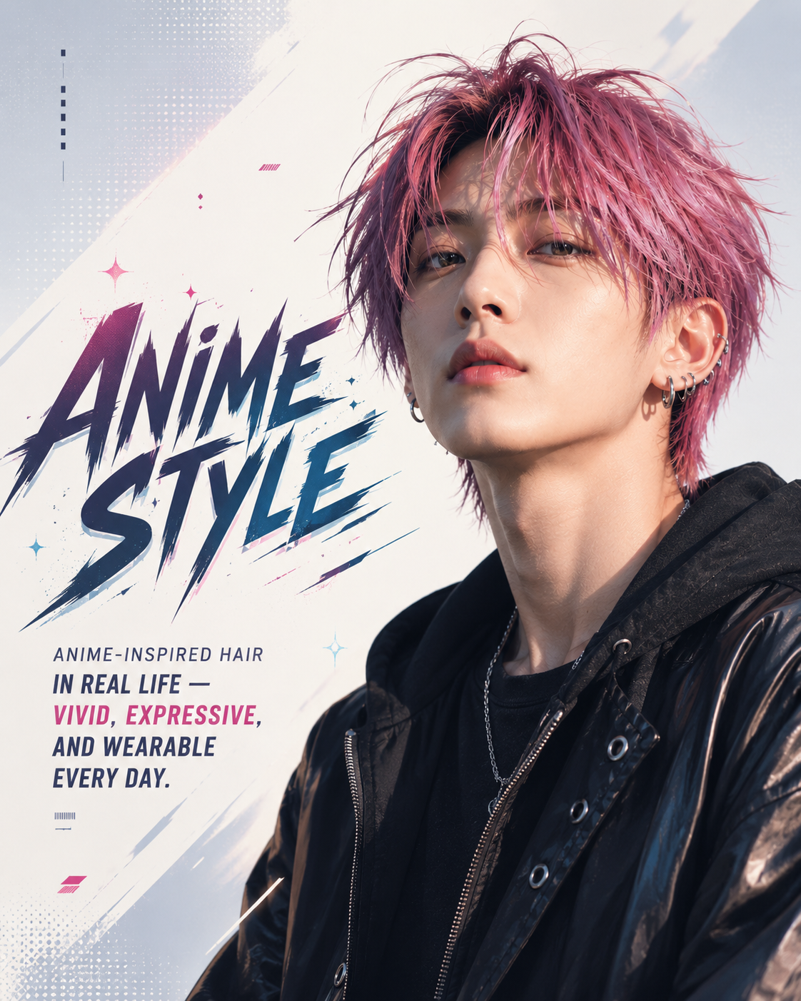 Anime Style — Asian person with vivid rose pink hair, editorial streetwear