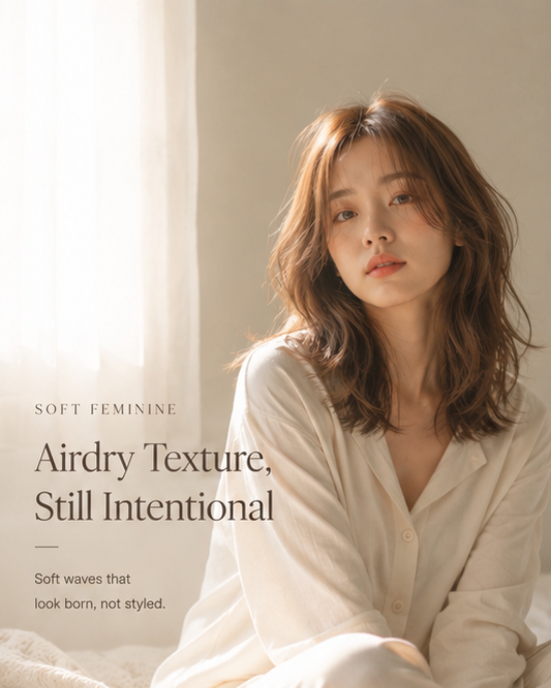 Asian woman with soft airdry waves in linen shirt, warm window light