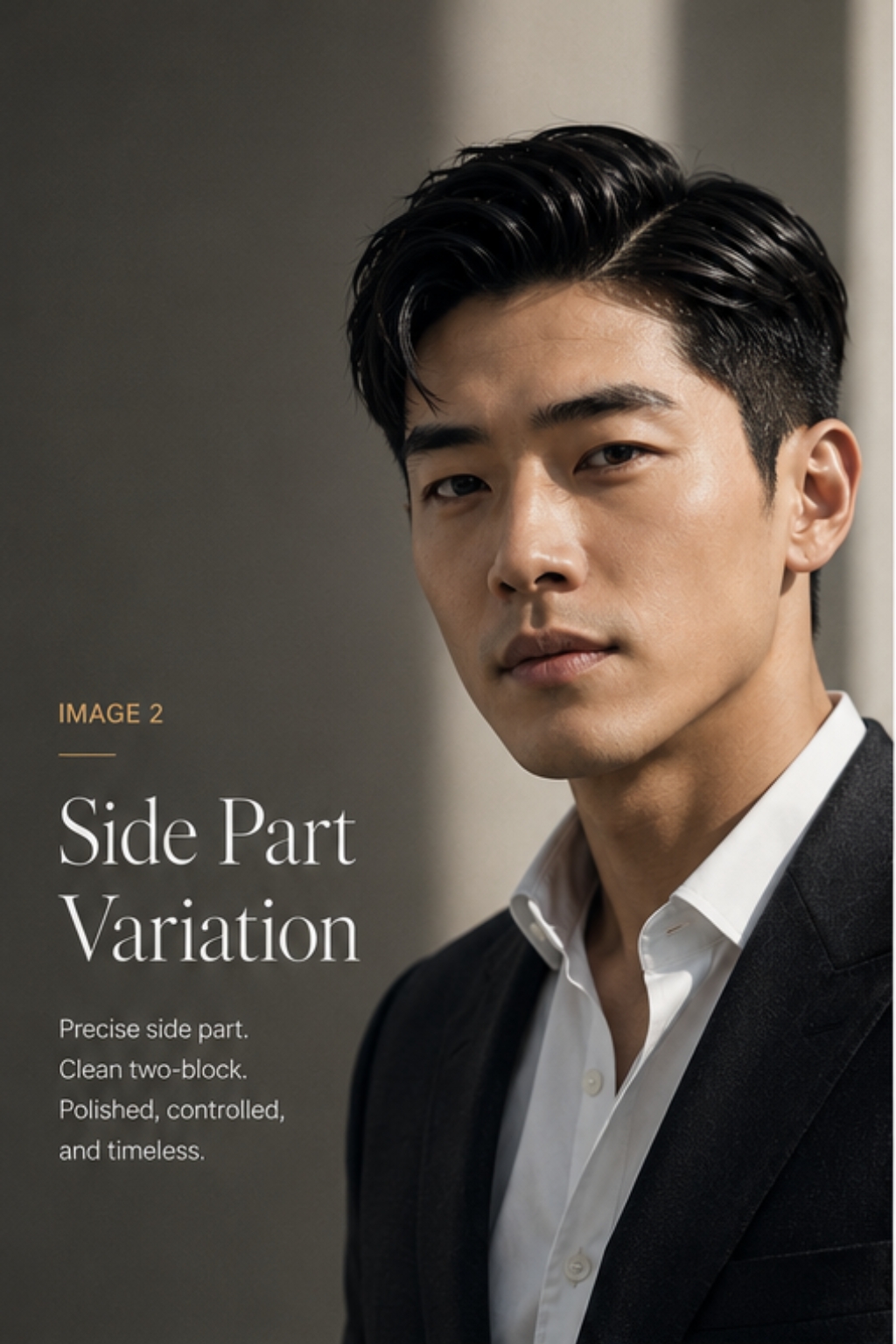 Side part variation on Asian man — clean two-block with structured blazer