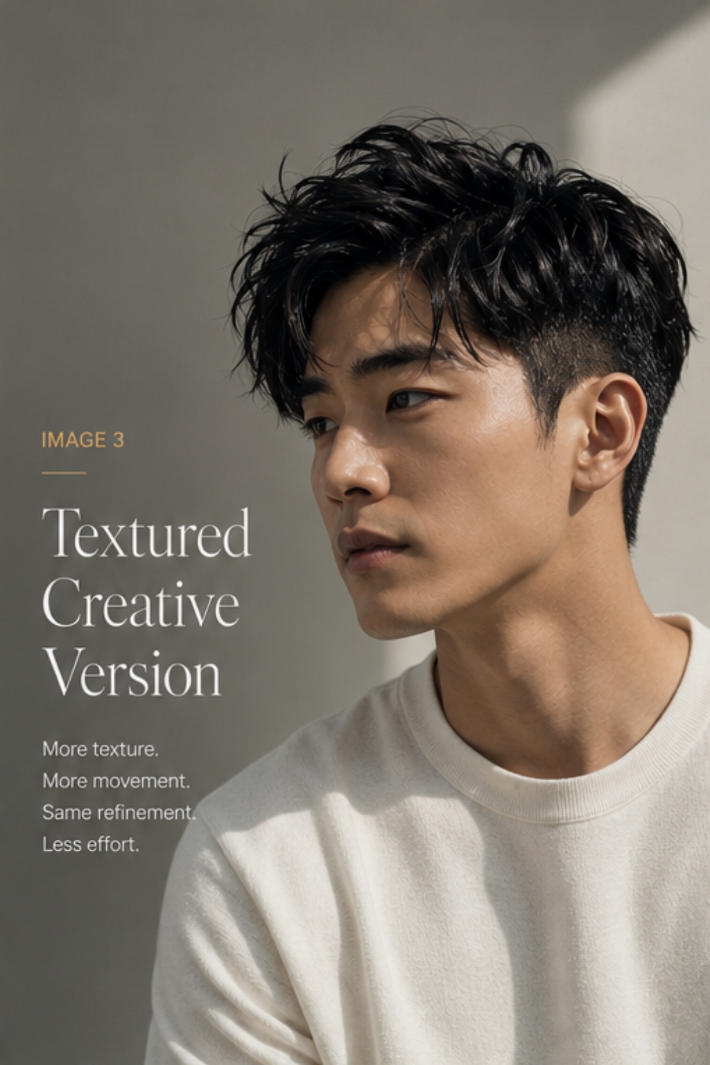 Textured creative version — Asian man with loose top texture and clean sides