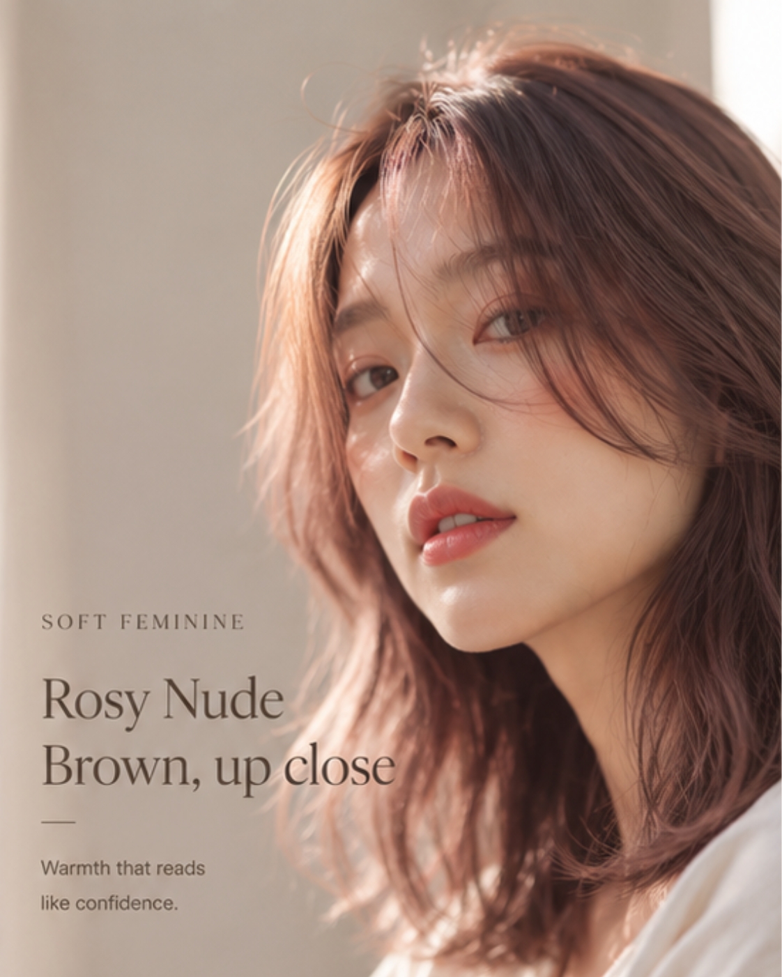 Close-up of Asian woman with rosy nude brown hair, soft side light