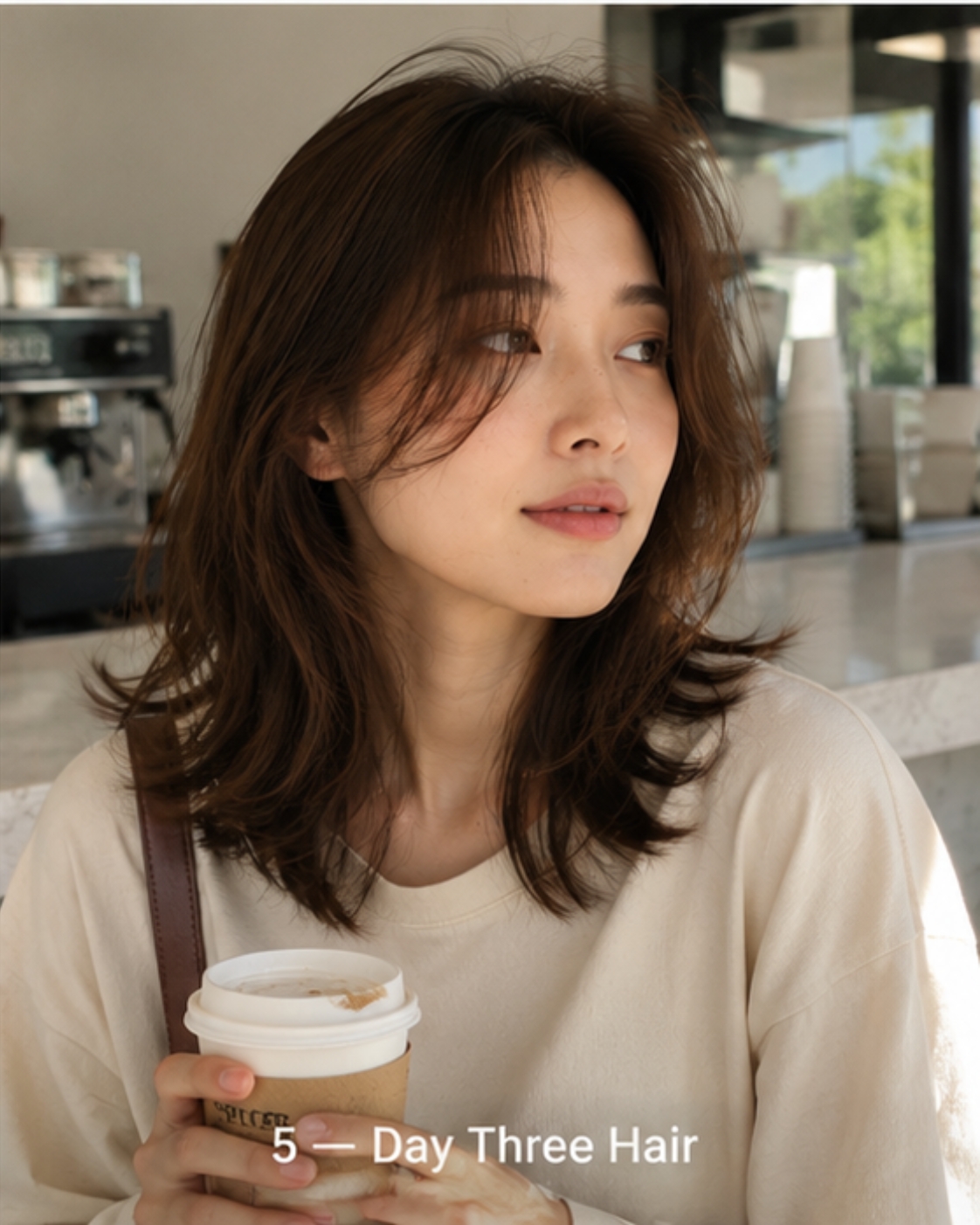 Day Three Hair — Asian woman in cafe with airdry textured hair