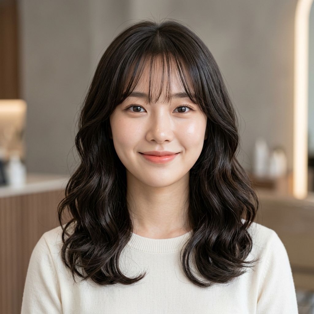 K-pop Feminine Medium S-Wave with See-Through Bangs