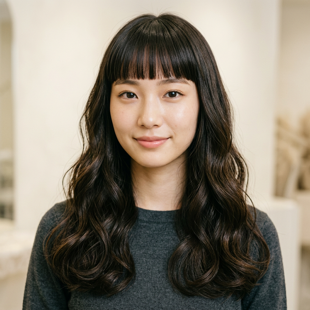 Natural Long Soft Wave with Blunt Bangs